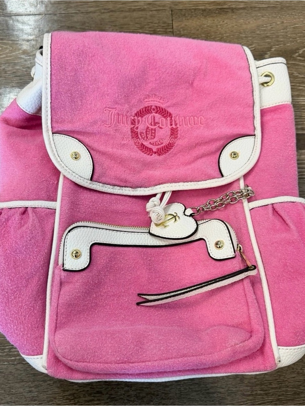 Juicy Couture Pink Rhinestone Logo Medium Backpack Heart Charm Zip Pockets